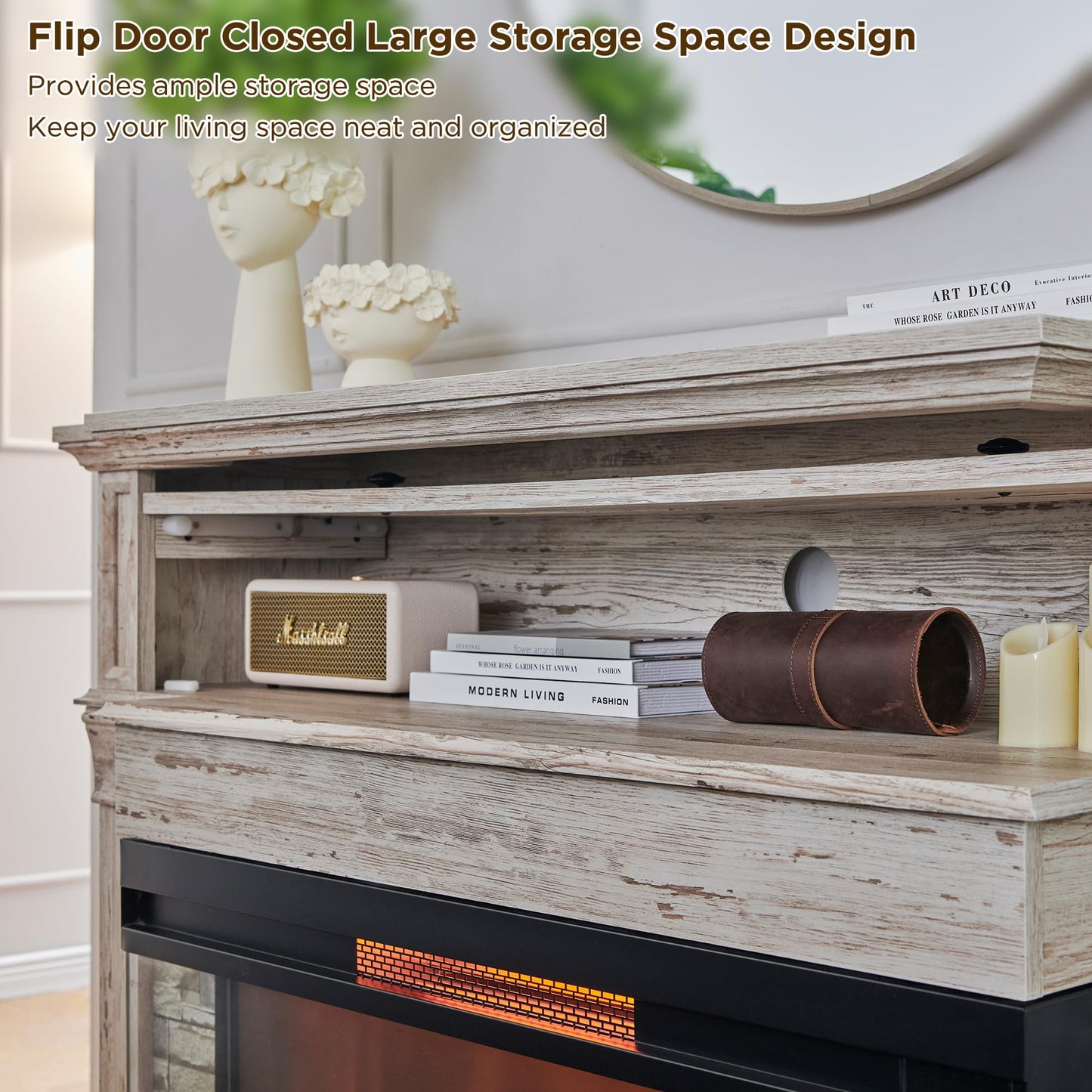 RedLemon Electric Fireplace with Mantel, 3-Sided Glass Farmhouse TV Stand with Fireplace for TVs up to 65", 52" Media Entertainment Center Console with Storage for Living Room, Antique Brush White