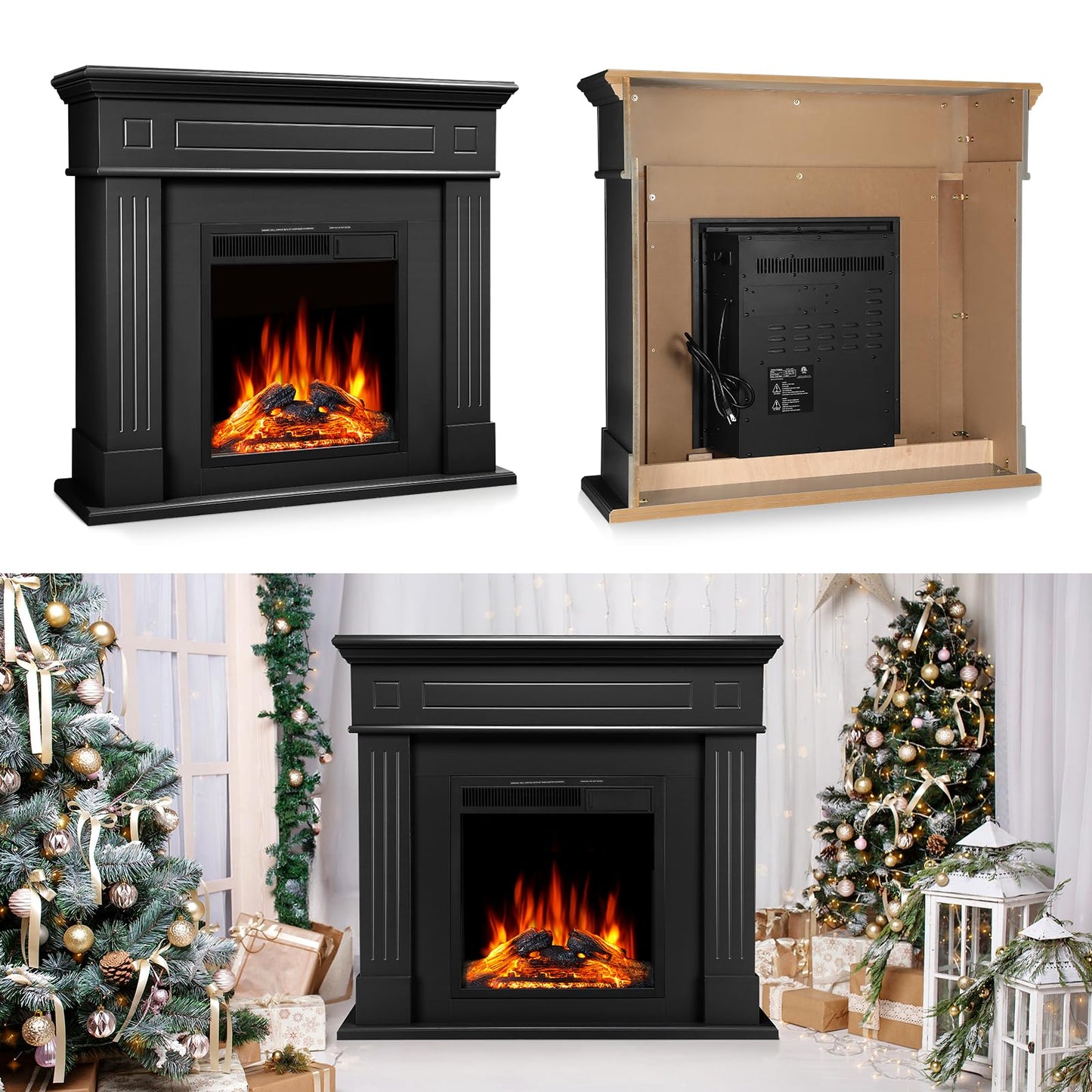 43 Inch Electric Fireplace with Mantel Wooden Surround Firebox TV Stand,FreeStanding Electric Fireplace Heater Entertainment Center,Adjustable Led Flame,750W-1500W,Black