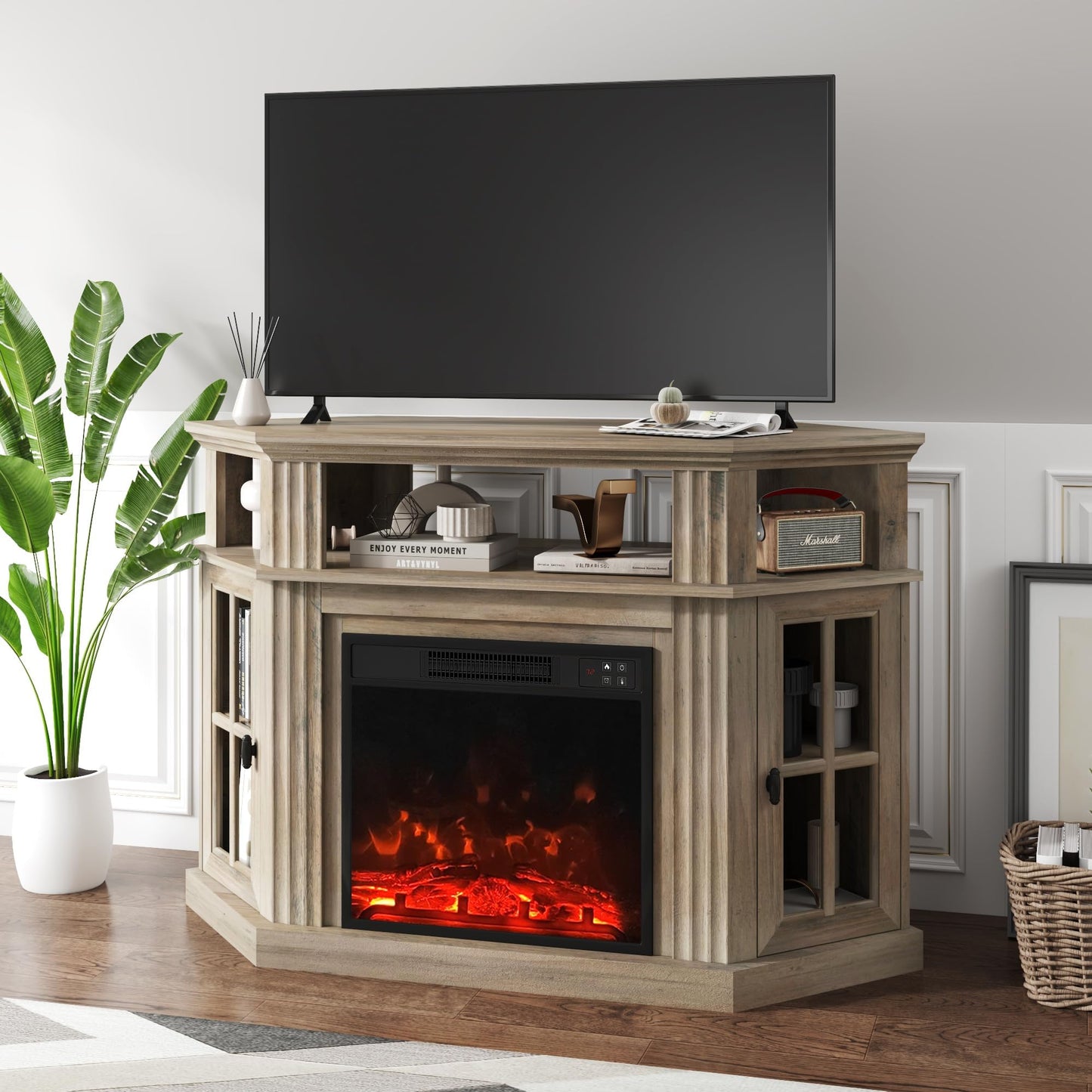 YESHOMY Corner Fireplace TV Stand for Television up to 55" with Storage Cabinets, Entertainment Center, Media Console for Living Room, Bedroom, Rustic Gray