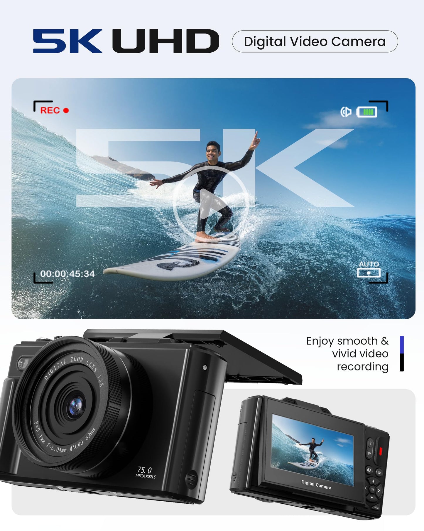 5K Digital Camera for Photography - 75MP Autofocus Vlogging Camera for YouTube with 64GB SD Card, WiFi, 18X Zoom 3" 180° Flip Screen Compact Travel Camera with 2 Batteries for Teens and Beginner