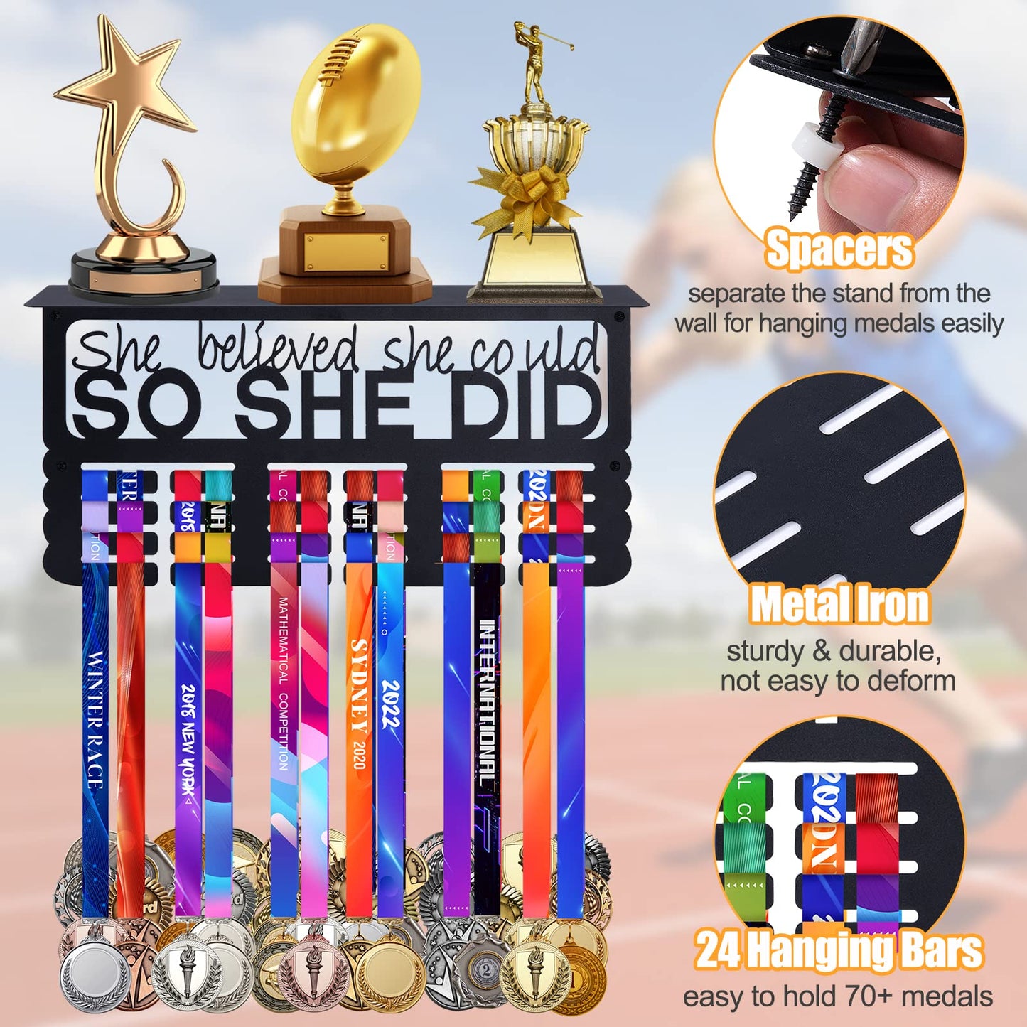 Biggun Metal Trophy and Medal Display Shelf- Easy to Install Medal Hanger Display with Trophy Shelf Medal Holder for Over 70 Running Race Wrestling Medals