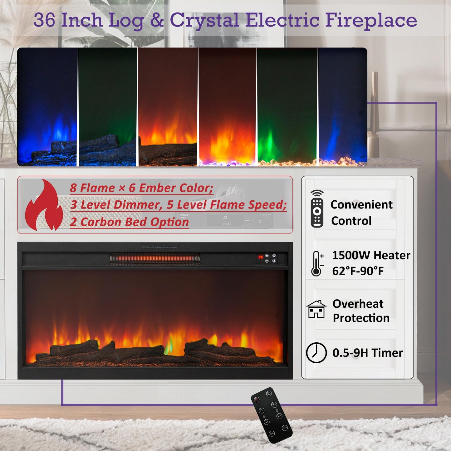 Unineo 70'' Fireplace TV Stand for up to 80'' Tvs with Drawer, Large Storage Tv Console Cabinet w/ 36'' Electric Fireplace, Media Entertainment Center for Living Room/Bedroom, White