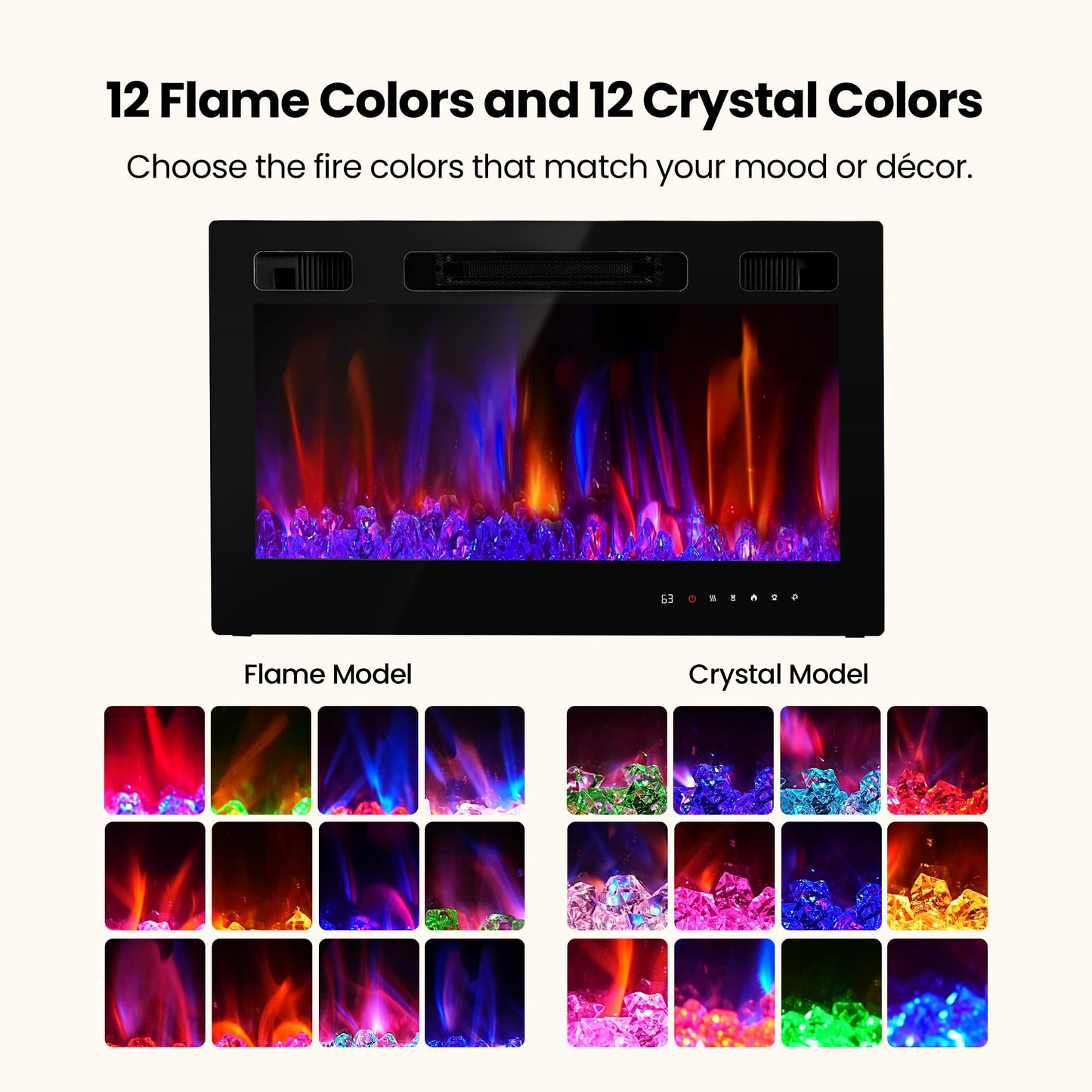 Electric Fireplace Insert 36" Realsmart 1500W Wall Mounted Fireplaces Recessed Heaters Remote Control Slim Black Fireplace Touch Screen Timer 12 Flame Colors LED Decor Low Noise