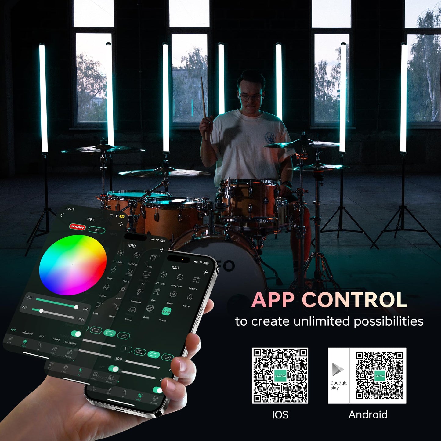 VILTROX K90 2 Pack RGB Tube Light, 30W 38inch Large RGBWY Photography LED Video Stick Light Wand with APP/2.4G/Remote Control, CRI 97+, 26 Scenes, 2500K-8500K, 14.8V/3300mAh Battery, Magnetic Chip