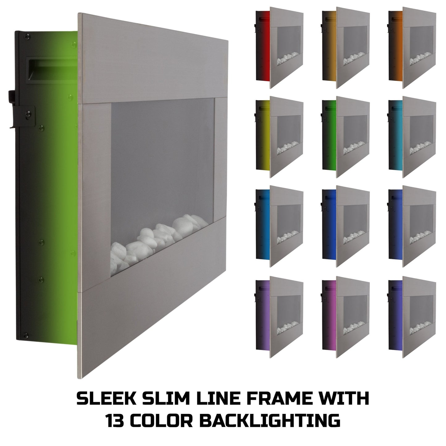 Electric Fireplace - 30 Inch Wall Mounted Fireplace - 13 Backlight Colors and Remote Controlled LED Flames, Heat, and Brightness by Northwest (Silver)