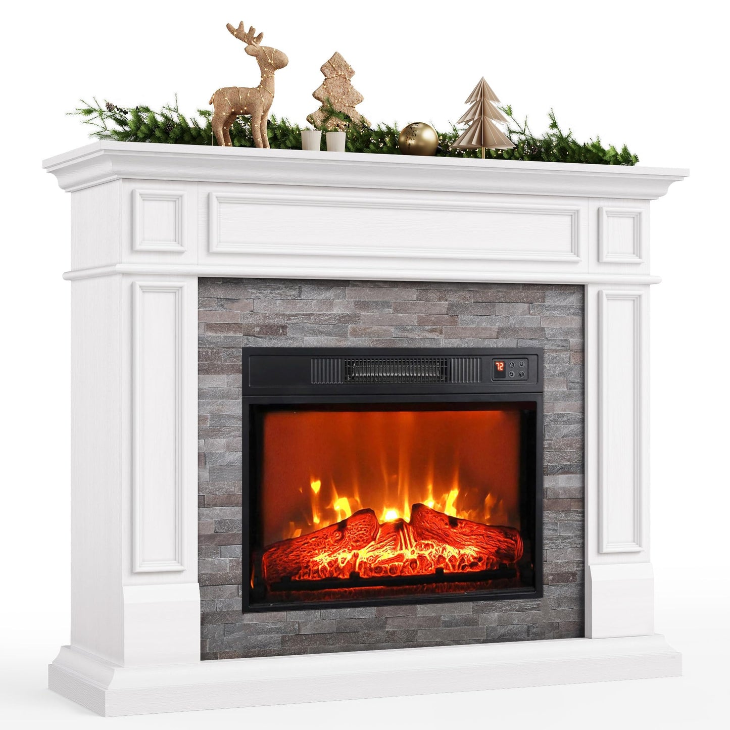 LGHM 44" Electric Fireplace with Mantel, Tall Fireplace Heater Freestanding, Realistic Stacked Stone Surround with Remote Control Timer LED Flame for Living Room,Bedroom…