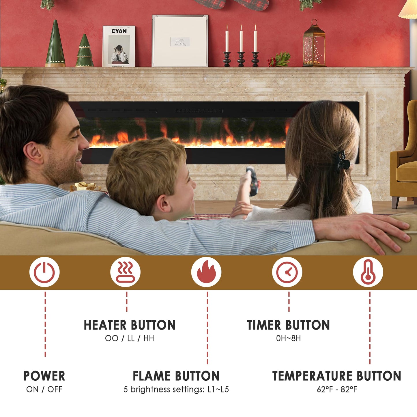 HOMTHING 80" Electric Fireplace Wall Mounted & Recessed, 750W/1500W Adjustable Heater with Remote & Touch Control, 8H Timer, Quiet Operation Electric Fire Place for Living Room Bedroom (Black)