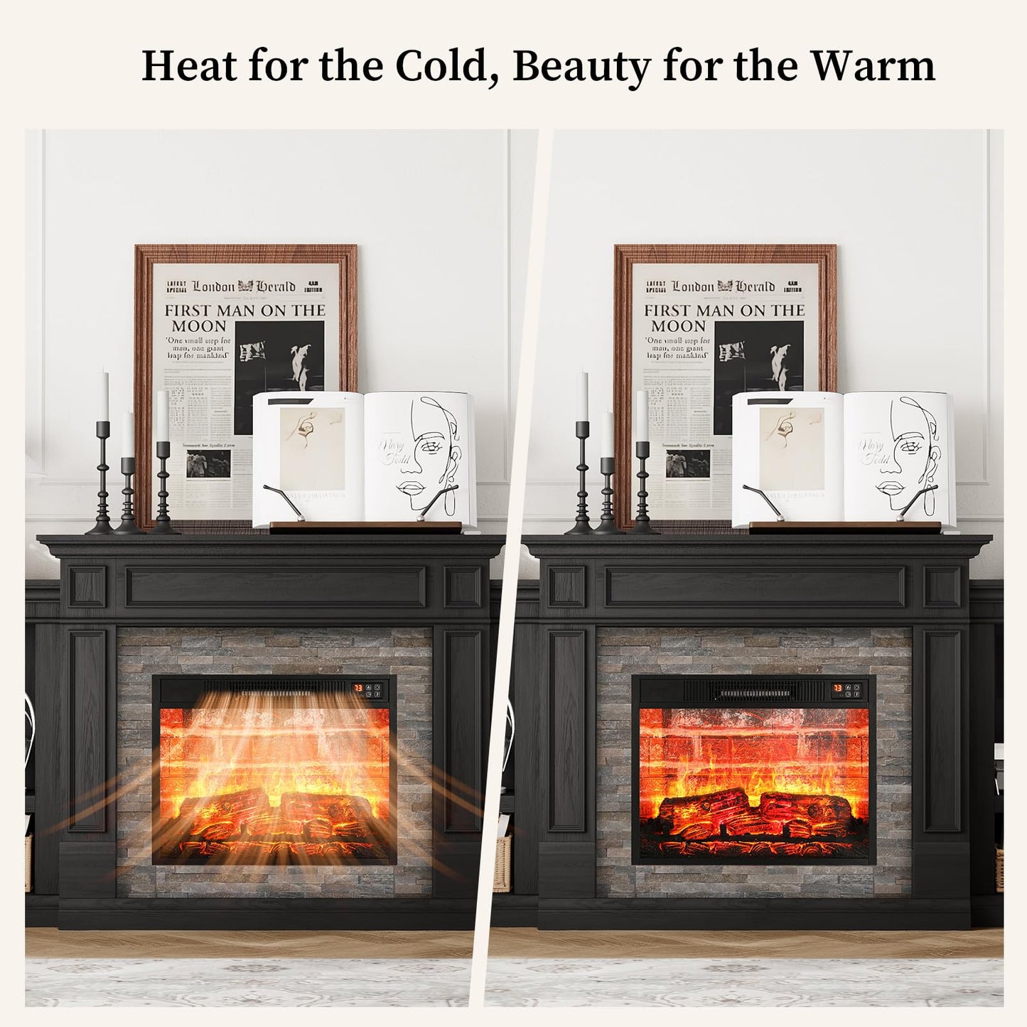 LGHM 72" Fireplace TV Stand for TVs Up to 80 Inch, Electric Fireplace with Mantel, Modern Entertainment Center with Storage, Realistic 3D Flame Effect and Stacked Stone Surround Design for Living Room