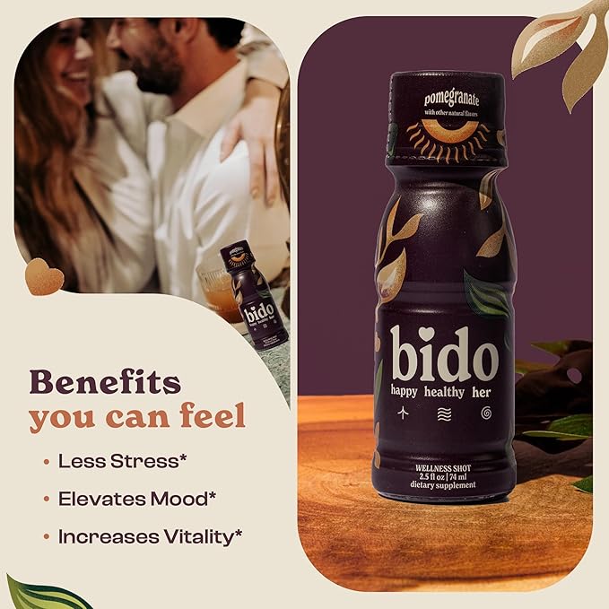 Bido | Women's Wellness Drink | Herbal Formula for Women: Ashwagandha KSM-66, Maca, Ginseng, Damiana & More | 15:1 Female Supplement for Mood, Vitality & Hormone Balance Support | Pomegranate, 15-pack