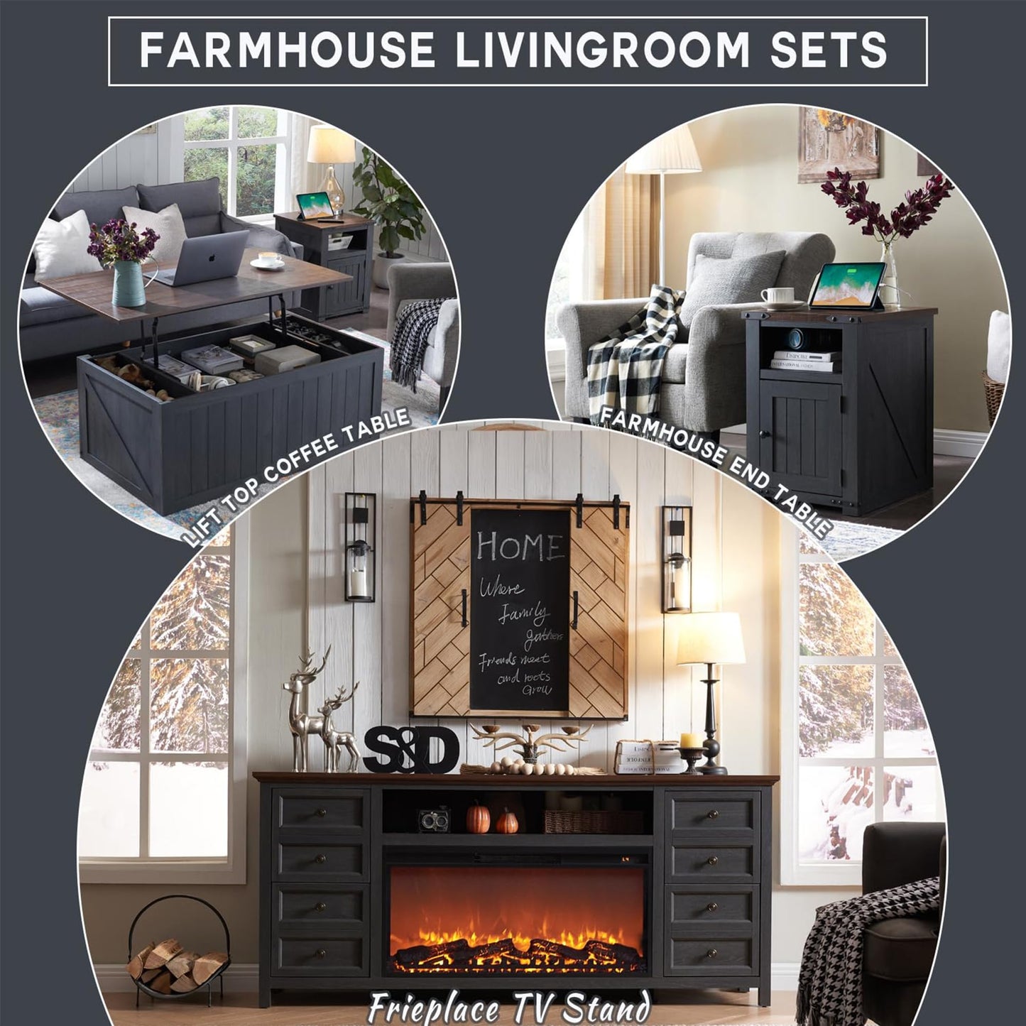 Fireplace TV Stand for TVs up to 80 Inches with 36" Electric Fireplace, 31" Farmhouse Tall Entertainment Center w/Drawer & Adjustable Shelves, Large Media Console for Living Room, 70inch, Dark Grey