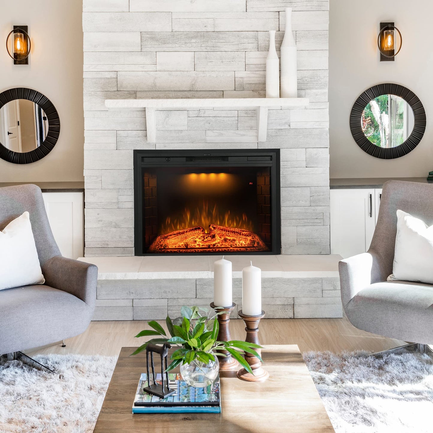 Benrocks 33'' Electric Fireplace Inserts, Recessed & Built in Wall Electric Fireplace Heater with Fire Crackling Sound, Adjustable Top Light & Flame Speed, Overheating Protection, 750/1500W Black