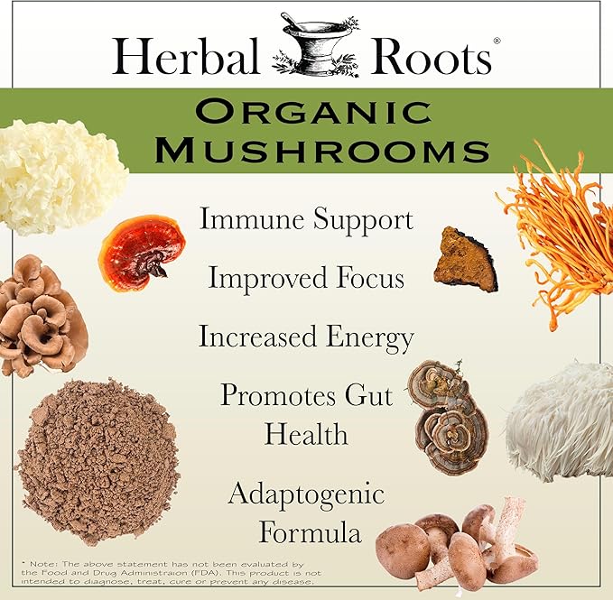 Herbal Roots Mushroom Supplement Capsules | Blend of 8 Organic Mushrooms | Turkey Tail, Lion’s Mane, Shiitake, Cordyceps, Reishi, Chaga, Maitake, Snow | 60 Vegan Capsules