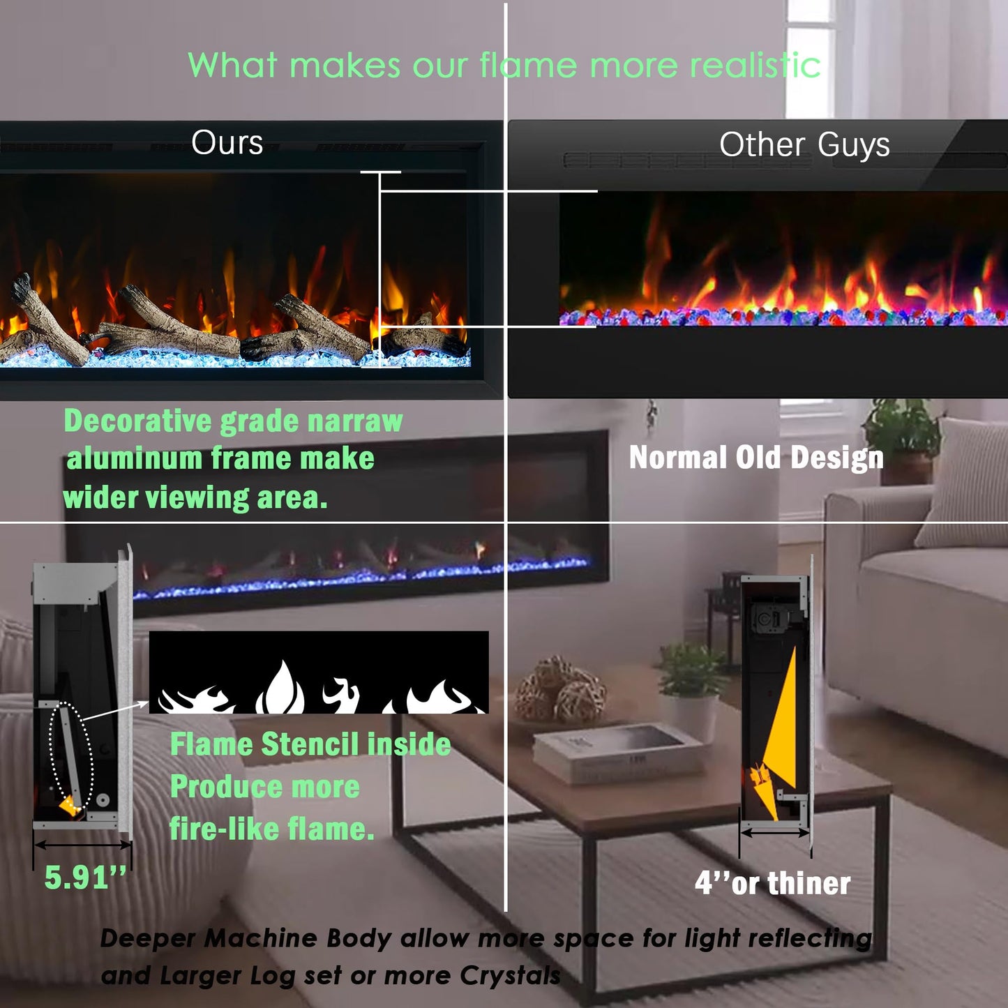 Unineo 50 Inch Electric Fireplace w/Aluminum Frame, Hidden Air Vents Design, Recessed and Wall Mounted Fireplace Heater w/Thermostat, 12×13×5 Realistic Flame, Visual Remote, Log and Crystal, Siliver