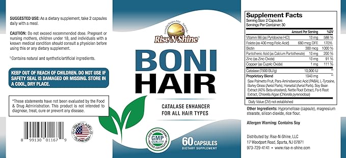BoniHair Catalase Supplement for Vibrant, Youthful Hair Support- 10,000 IU Catalase with Saw Palmetto, Biotin, Fo-Ti, PABA - 60 Capsules