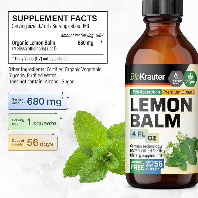 BIO KRAUTER Lemon Balm Leaf Extract - Vegan Melissa Lemon Balm Tincture for Calmness Support - Sugar & Alcohol-Free - 4 Fl. Oz.