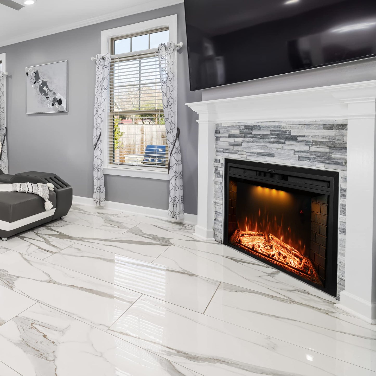 Dreamflame 36 inch Wide 21 inch High Electric Fireplace, Wall Fireplace Electric with Remote Control, Realistic Log and Crackling Sound, Overheating Protection and Timer, 750/1500W Black