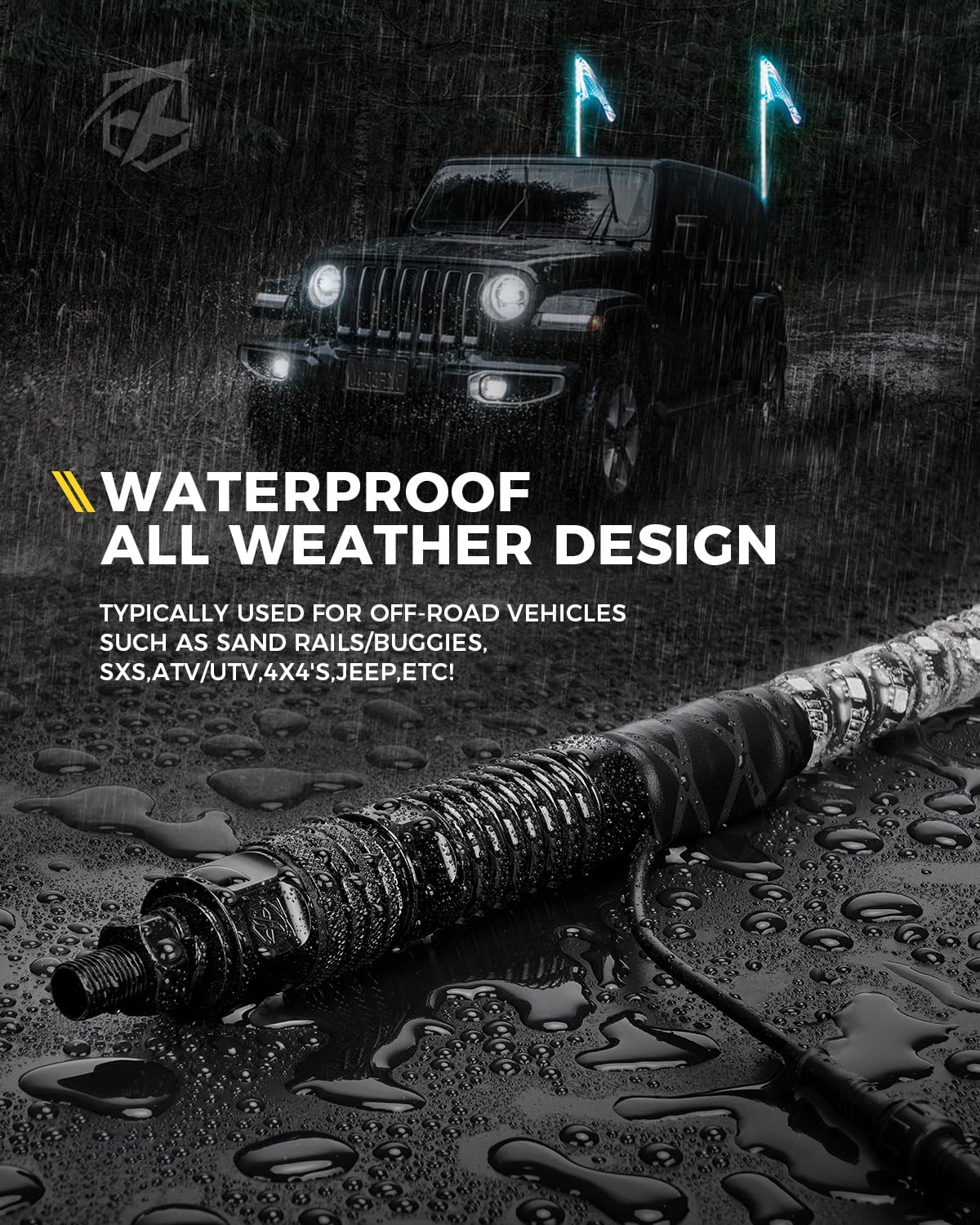Xprite 2PC 5FT LED Whip Lights and 6 Pods RGB Rock Lights Kit w/Bluetooth App & Remote Control, Wide Angle Rock Light for Trucks and Spiral LED Light Whips for Side by Side w/Stop/Signal/Reverse Mode