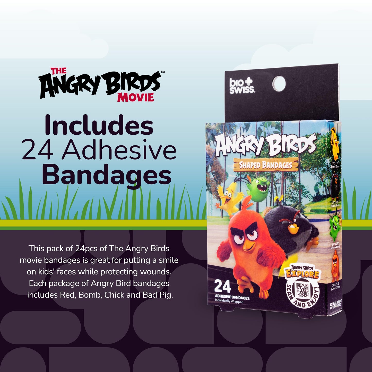 BioSwiss Bandages, Angry Birds Movie Shaped Self Adhesive Bandage, Latex Free Sterile Wound Care, Fun First Aid Kit Supplies for Kids and Adults, 24 Count