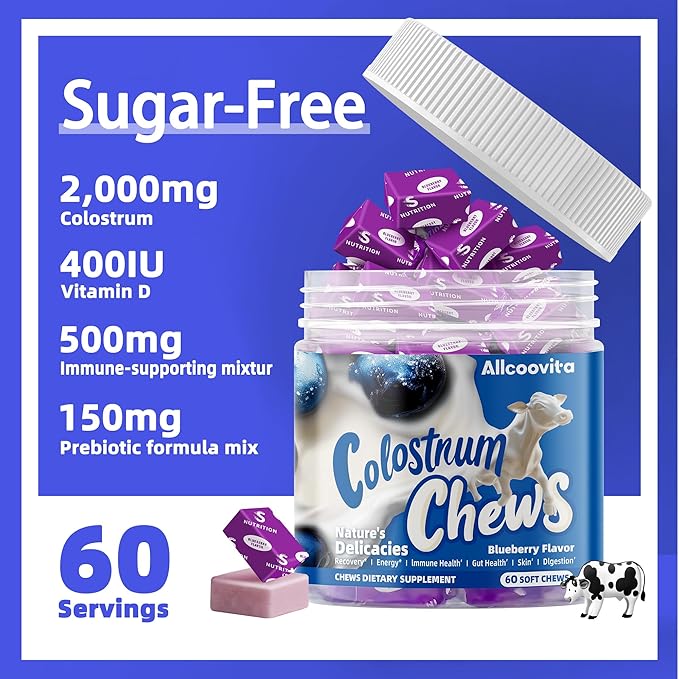Bovine Colostrum Chews Supplement with probiotics for Gut Health, Bloating, Immune Support, Skin, Hair Growth and Beauty - Blueberry Flavor (60 Servings)