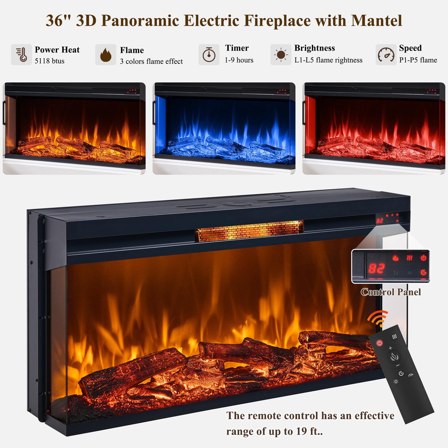 Farmhouse Electric Fireplace TV Stand for TVs up to 80", Entertainment Center with 36" 3-Sided Glass Electric Fireplace & LED Lights, 70-inch TV Console for Living Room, Black