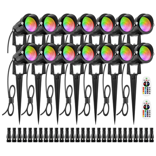 ZUCKEO 12W RGB Low Voltage Landscape Lighting Remote Control Color Changing Landscape Lights, Waterproof LED Outdoor Spotlight for Garden Pathway House Christmas Decor, 14 Pack with Connector