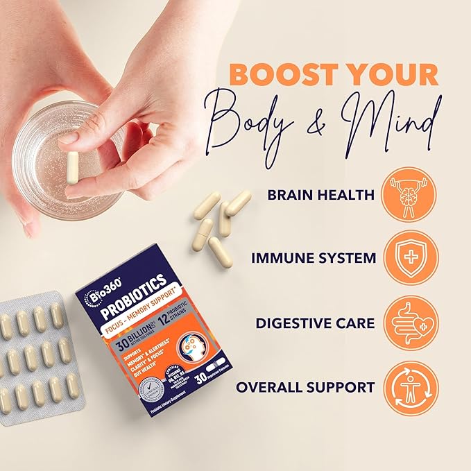Brain Supplements for Memory and Focus - Supports Brain Health, Mental Clarity & Alertness - Capsules with B5, B6 & B12-30 Billion CFU for Immunity, Digestion & Gut Health - 30 Count