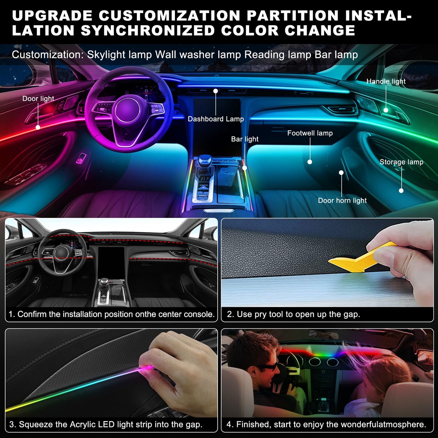 Dreamcolor Acrylic Interior Car LED Strip Light with Wireless APP, RGB 22 in 1 with 175 inches 600 LEDs Fiber Optic Ambient Lighting Kits, Dynamic Chasing Music Sync Neon LED Strip for Car Accessories
