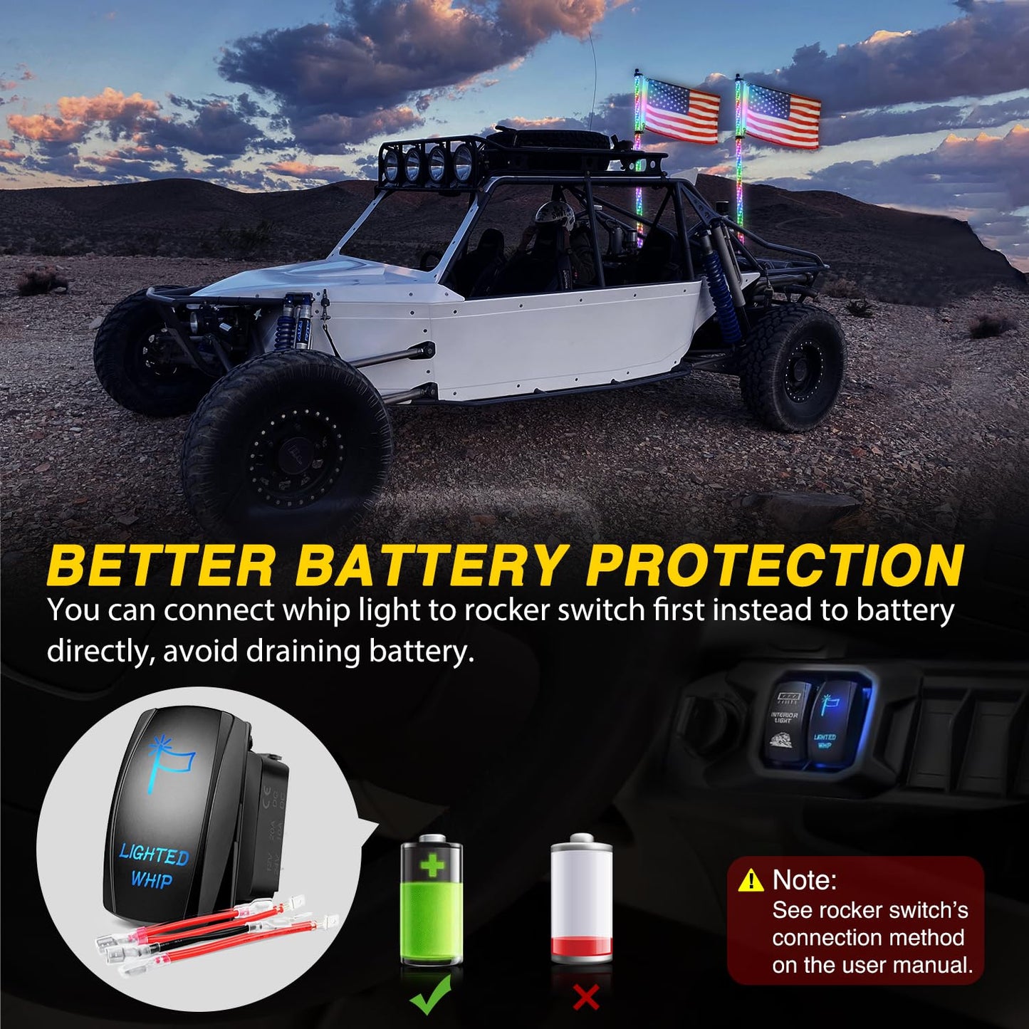 GOOACC 2 PCS 4FT LED Whip Light with Spring Base Spiral RGB Chasing RF Remote Lighted Whips w/Rocker Switch LED Antenna for UTV ATV Truck Sand Rail Buggy Dune RZR Can-am