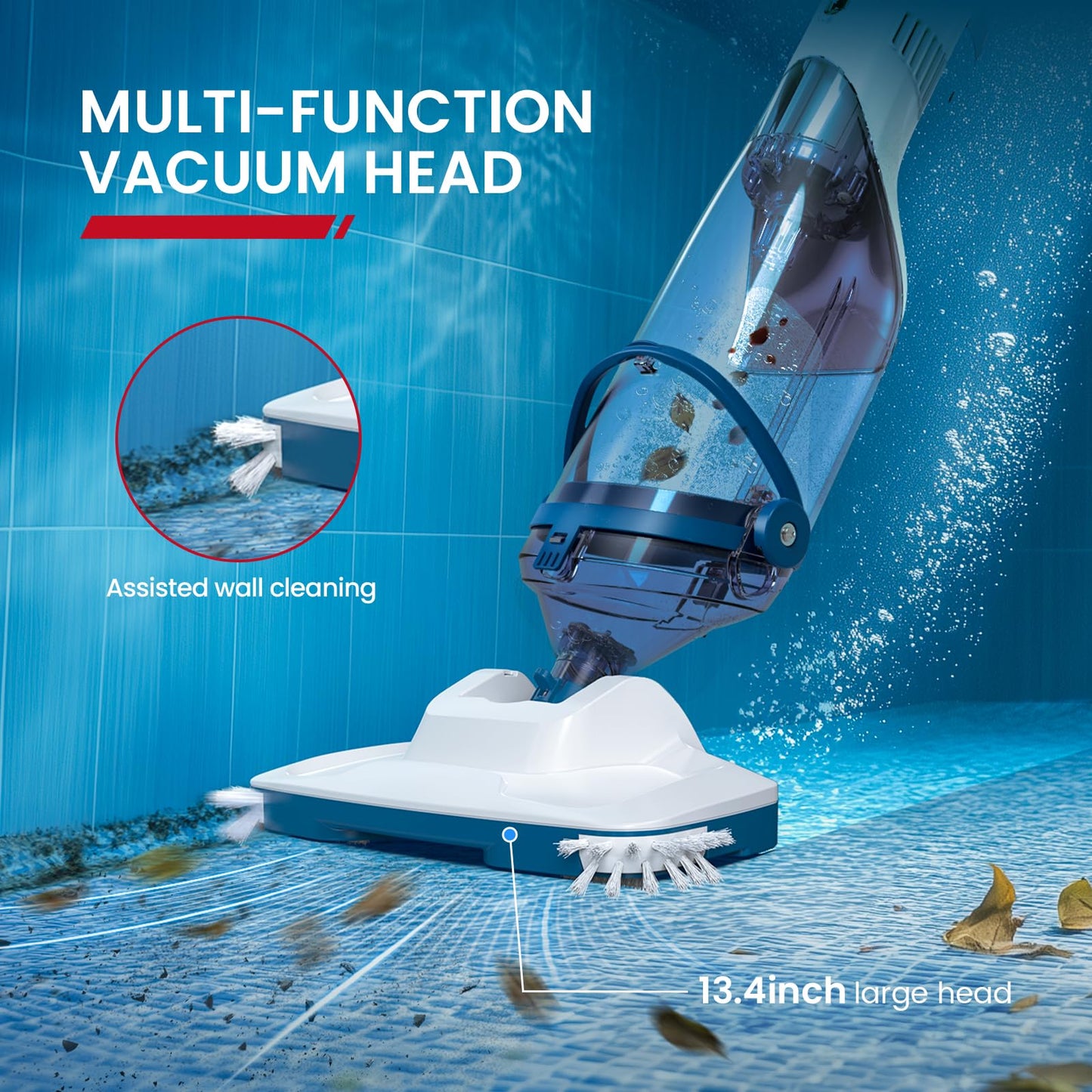 ENHULK Pool Vacuum for Above Ground Pools, 2025 Upgraded 13.4" Wide Head & Telescopic Pole, 18.5 GPM Suction, 60 Min Runtime, Cordless Handheld Rechargeable Pool Cleaner for Inground Pools (Blue)