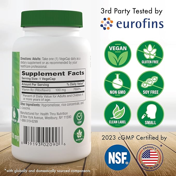 Health Thru Nutrition Riboflavin 100mg Vitamin B2 100 Vegecaps | Supports Healthy Energy Metabolic Function & Nervous System | 3rd Party Tested | Non-GMO Soy & Gluten Free Hypoallergenic
