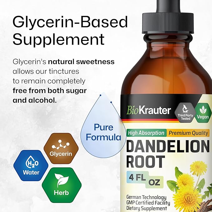 BIO KRAUTER Dandelion Tincture - Pure Dandelion Root Supplement for Liver & Kidney Support - 4 Fl. Oz - 56 Days of Supply - Vegan Extract Liquid Drops Non-GMO, No Fillers, No Sugar & Non-Alcohol