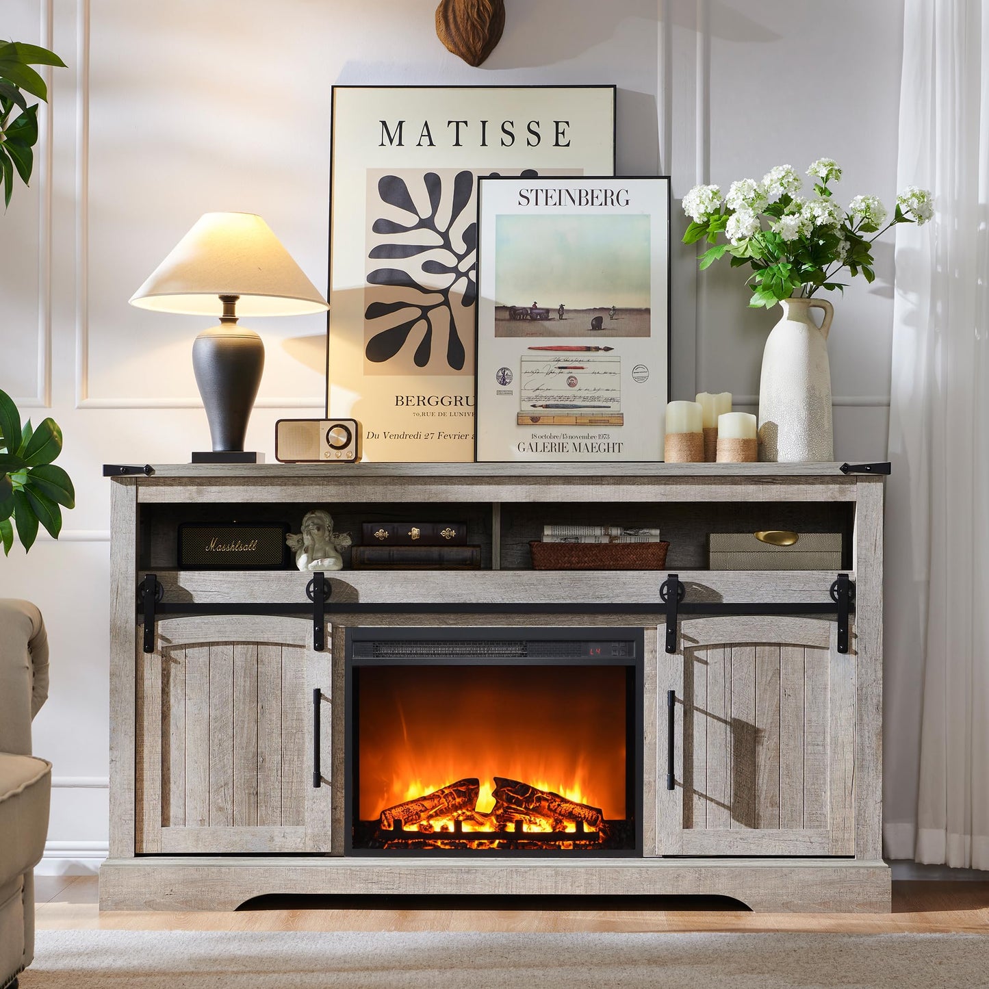 OKD Farmhouse Fireplace TV Stand for 70+ Inch TV, 33" Tall Highboy Entertainment Center w/Electric Fireplace, Rustic Media Console w/Sliding Arched Door for Living Room,Light Rustic Oak