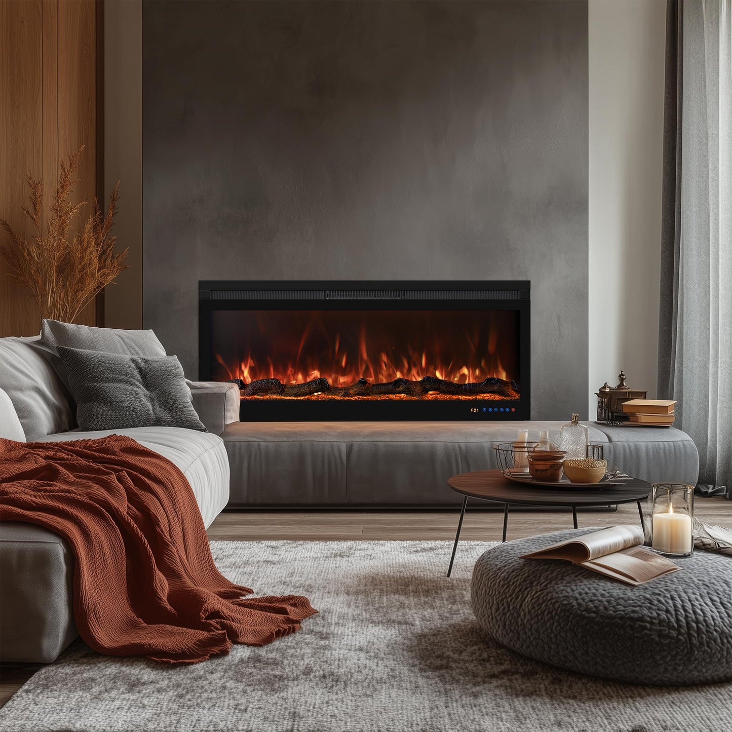 Oxhark Flame Smart 42 Inch Wall Mounted and Recessed Electric Fireplace Inserts, App & Remote & Touch Screen Control, 13X13 Flame & Fuel Bed Color Combinations, 750W/1500W, Black