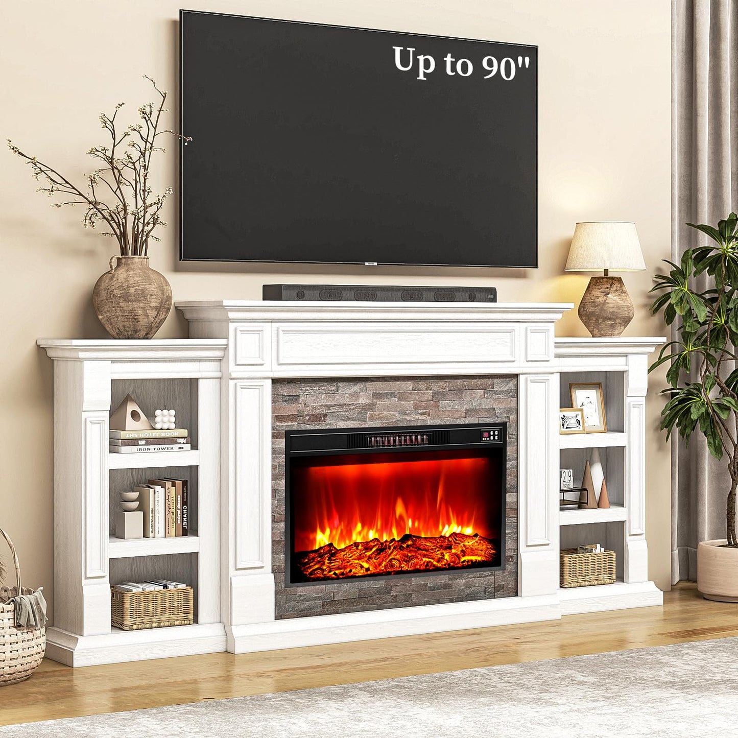 80" Electric Fireplace with Mantel, Fireplace TV Stand for TVs Up to 90 Inch, Modern Entertainment Center with Storage, Realistic Stacked Stone Surround with Remote Control for Living Room, Bedroom