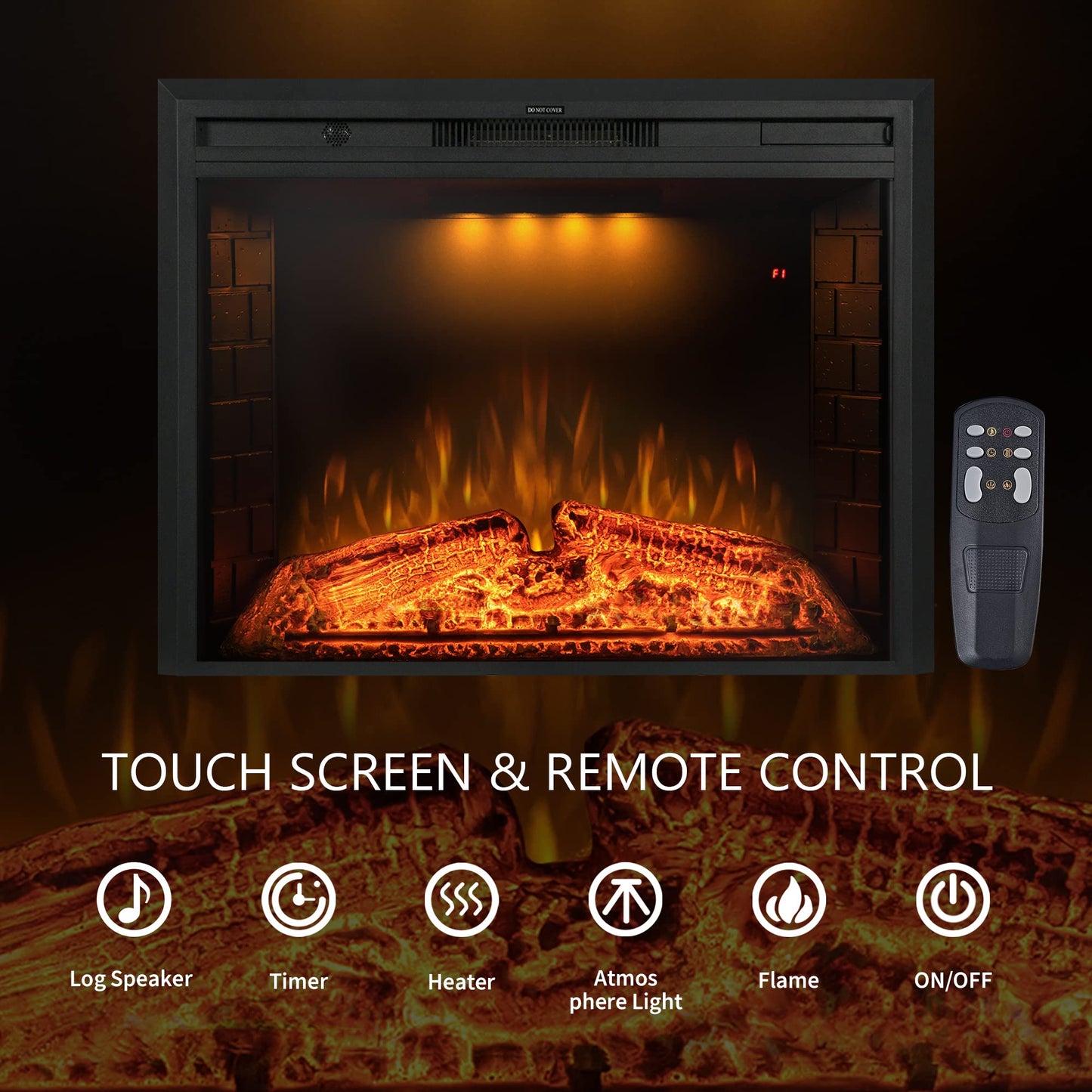 Benrocks 36'' Electric Fireplace Inserts, Recessed & Built in Wall Electric Fireplace Heater with Fire Crackling Sound, Adjustable Top Light & Flame Speed, Overheating Protection, 750/1500W Black