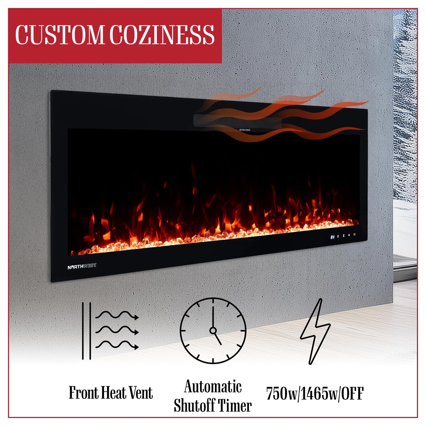 Northwest Electric Fireplace - 42 Inch Wall Mounted Fireplace with Fire Crackling Sounds and Remote to Adjust LED Flames, Timer, Heat, and More