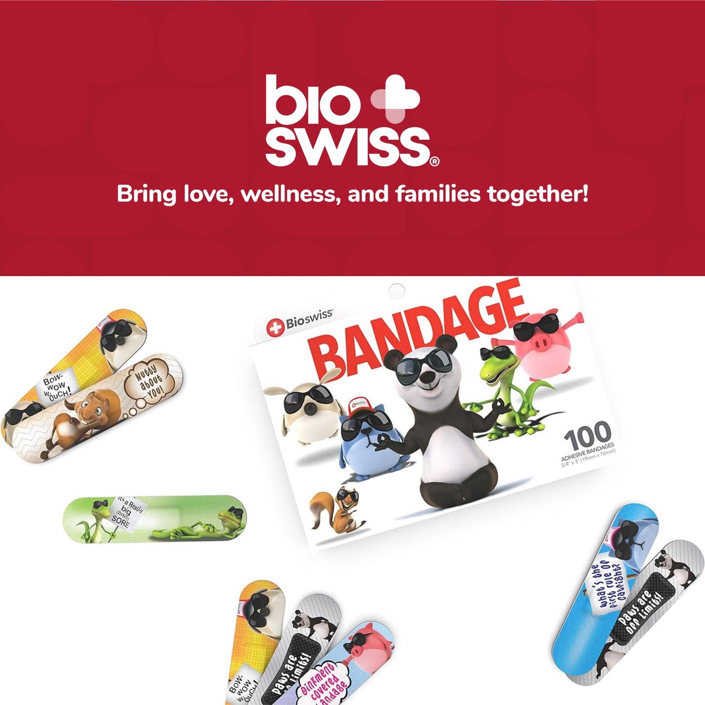 BioSwiss Bandages, Assorted Animal Shaped Variety Self Adhesive Bandage, Latex Free Sterile Wound Care for Kids and Adults, 100 Count