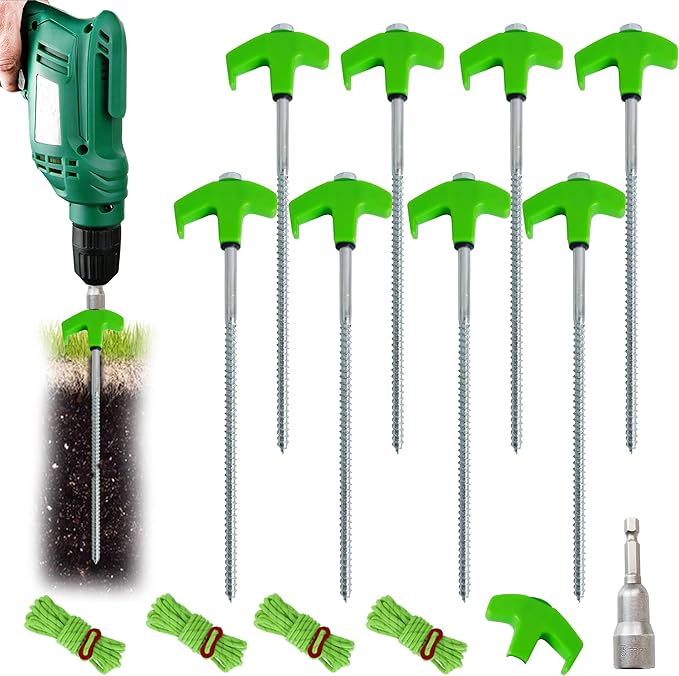 10" Screw in Tent Stakes for Drilling with Hex Heads Driver, Ground Anchors Screw in Tent Pegs Camping Stakes, Screw in Tent Stakes Heavy Duty with 4x13ft Rope &1 Stopper (8 Pack)
