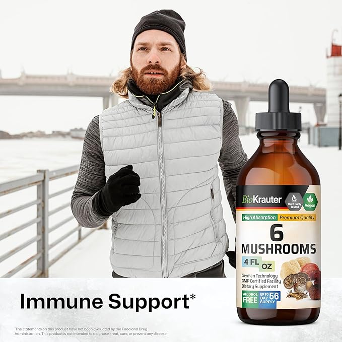 BIO KRAUTER 6 Mushrooms Supplement 6-in-1 - Lions Mane, Shiitake,Turkey Tail, Cordyceps, Reishi & Chaga Liquid Extract - Mushroom Complex Tincture - Vegan Drops 4 Fl.Oz.