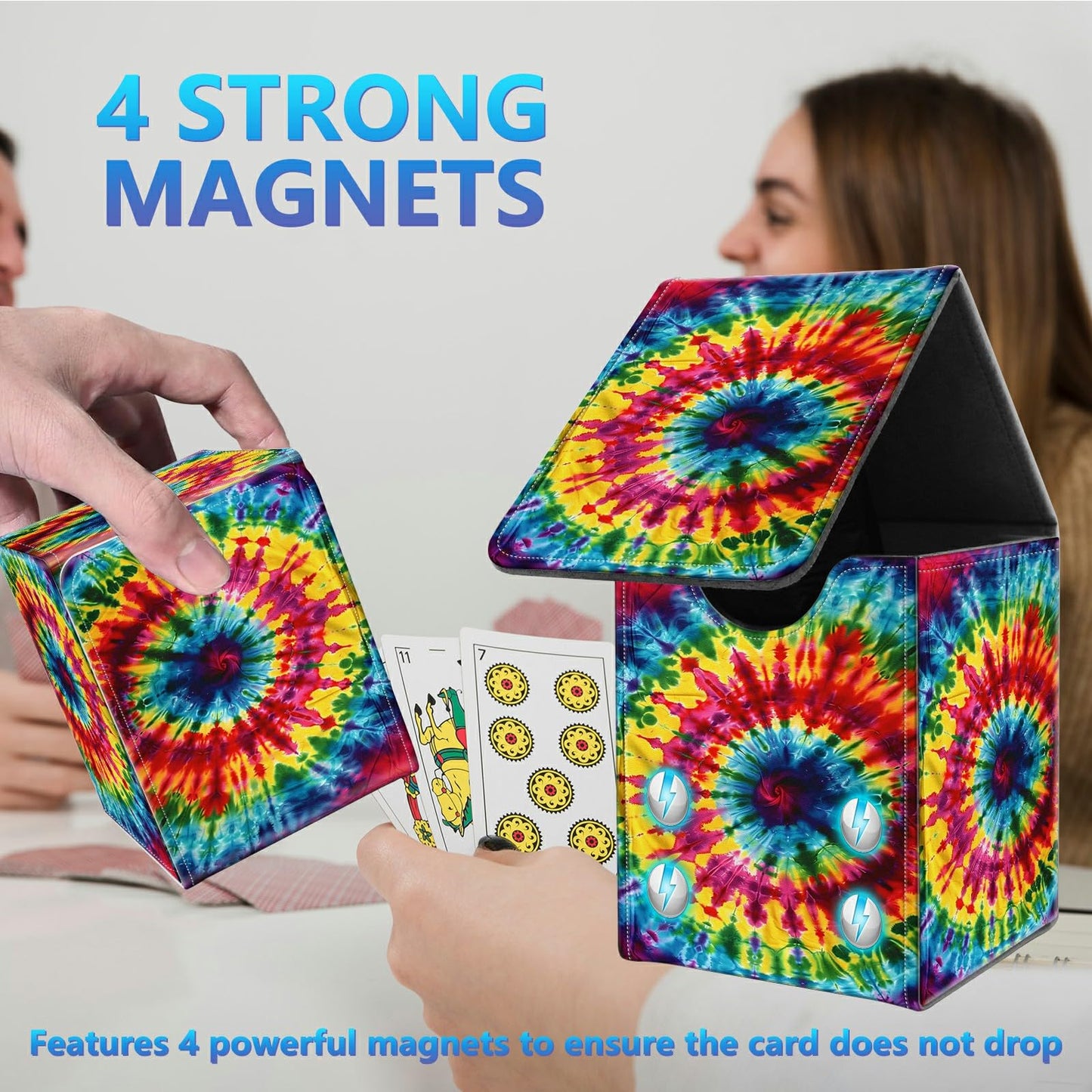 BREIDMKFM Card Deck Box for Trading Cards, MTG Commander Deck Box Fits 100+ Single Sleeved Cards, Leather Magnetic Card Storage Box for YuGiOh TCG CCG Cards, Rainbow Pattern