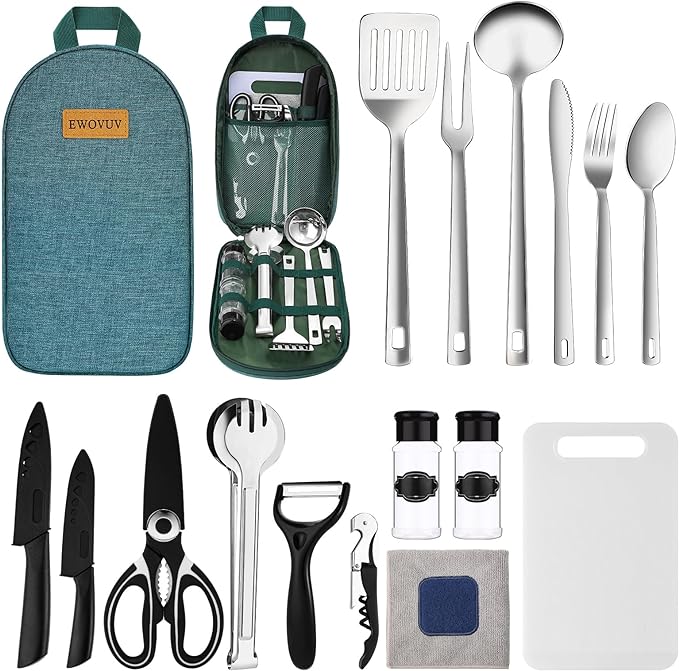 Camping Cooking Utensils Set- Camping Essentials Cookware Accessories Gear Must Haves Camper Tent Camp Kitchen Rv Gadgets Outdoor Stove Portable Picnic Gifts for Women BBQ Stuff