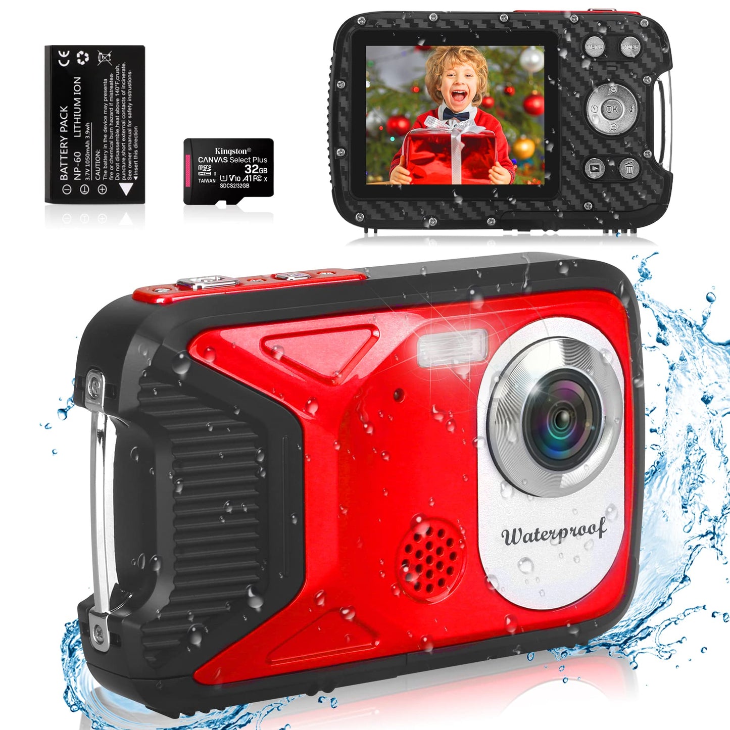 Waterproof Digital Camera with 32GB Card HD 1080P 36MP Underwater Digital Camera for Kids Teens Students Boys Girls(Red)