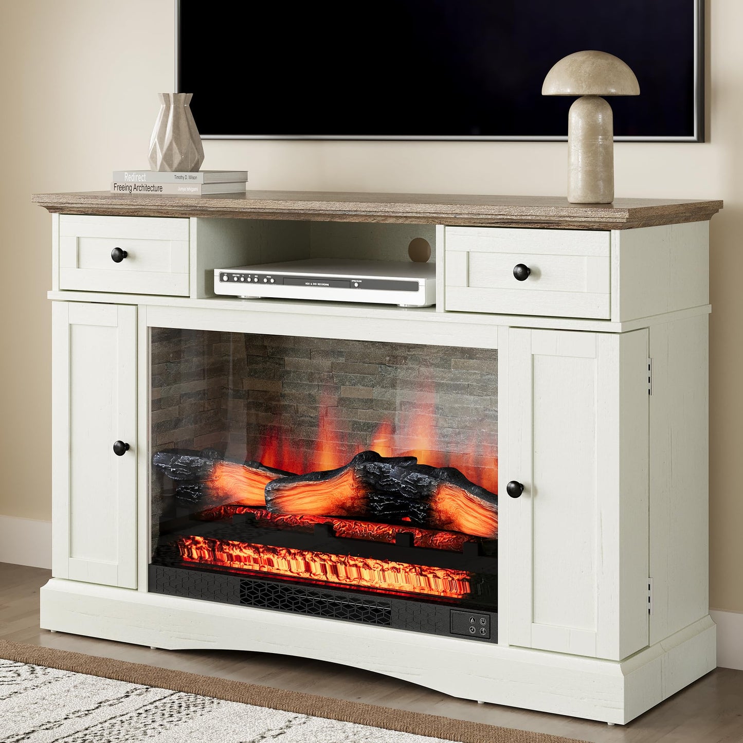 RoyalCraft Fireplace TV Stands with for TVs up to 55'', Media Console Table with Adjustable Shelves, Double-Door Design, Entertainment Center for Living Room, White and Rustic Oak