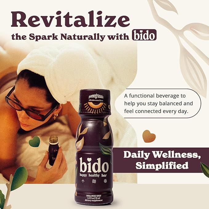 Bido | Women's Wellness Drink | Herbal Formula for Women: Ashwagandha KSM-66, Maca, Ginseng, Damiana & More | 15:1 Female Supplement for Mood, Vitality & Hormone Balance Support | Pomegranate, 15-pack