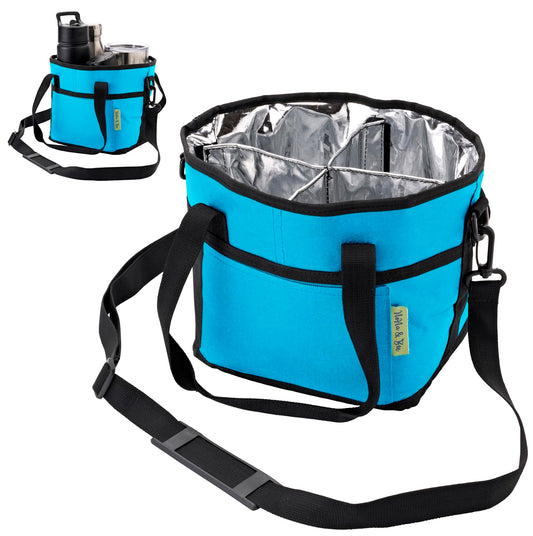 4 Water Bottle Holder with Strap | Family Size 4 Compartment Drink Bag, Multiple Tumbler Carrier Caddy | Adjustable Fits Large & Small Drinks | Hands Free, Won't Tip Over in Car (Blue)