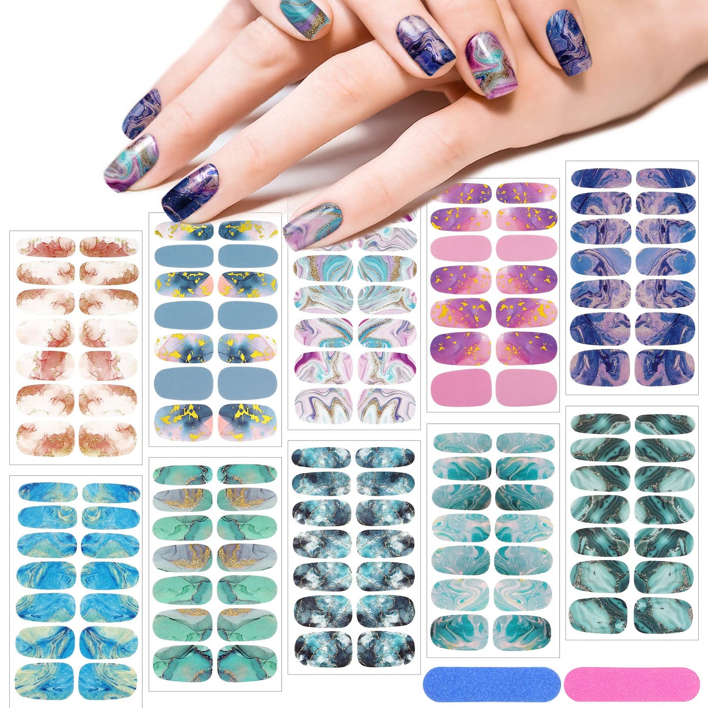 140 Pcs 10 Sheets Marble Full Wrap Nail Stickers Polish Strips Gradient Stickers Glitter Self Adhesive DIY Art Decals Strips with 2 Pcs Nail Files for Holiday Decor (Marble Style)