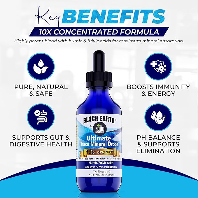 Black Earth Ultimate Trace Minerals 10x Strength, Fulvic Acid & Humic Acid, Non GMO Vegan Dropper, 1 Ounce - Ideal Supplement for Athletes