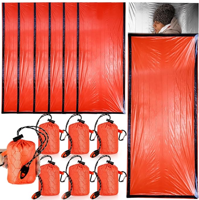 6 Pack Emergency Survival Sleeping Bags, Thermal Bivy Sack Blanket, Lightweight Portable Nylon Sack with Whistle, Aluminized PE Survival Gear Supplies for Camping Hiking, Outdoor Adventure