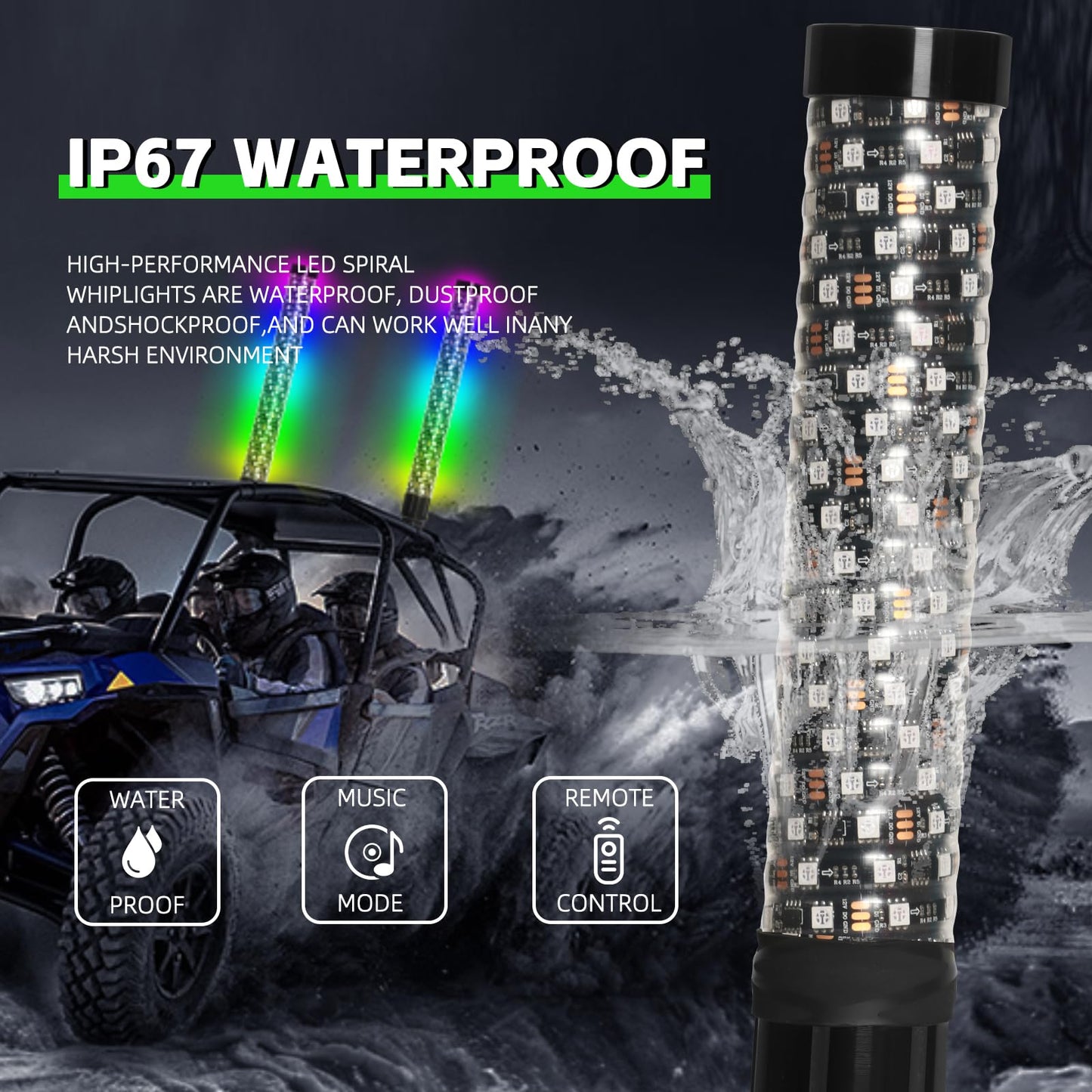 2PCS 2FT Fat Whip Lights with Function-Remote&APP Control Compatible with UTV ATV RZR Polaris Buggy Offroad Truck Accessories RGB Chasing Dancing Lighted Antenna Whips