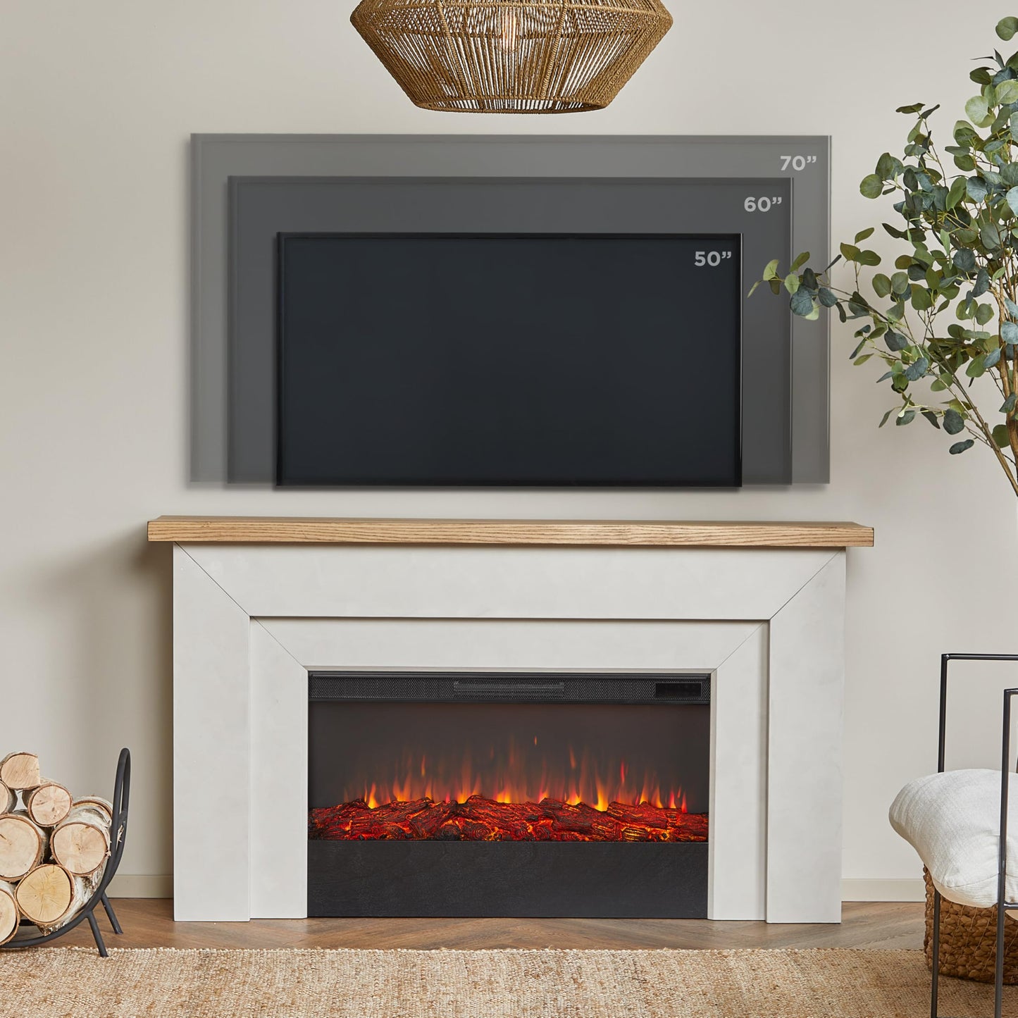 Real Flame Malie 68" Landscape Electric Fireplace with Mantel for Living Room or Bedroom, Replaceable Fireplace Insert Heater, Realistic Log and Flame Effect, Remote Control, Timer